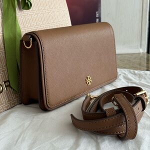 Tory Burch Brown Emerson Leather Crossbody Bag with Gold Logo